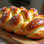 Beautifully braided Homemade Easter Bread with festive sprinkles, ready to serve.