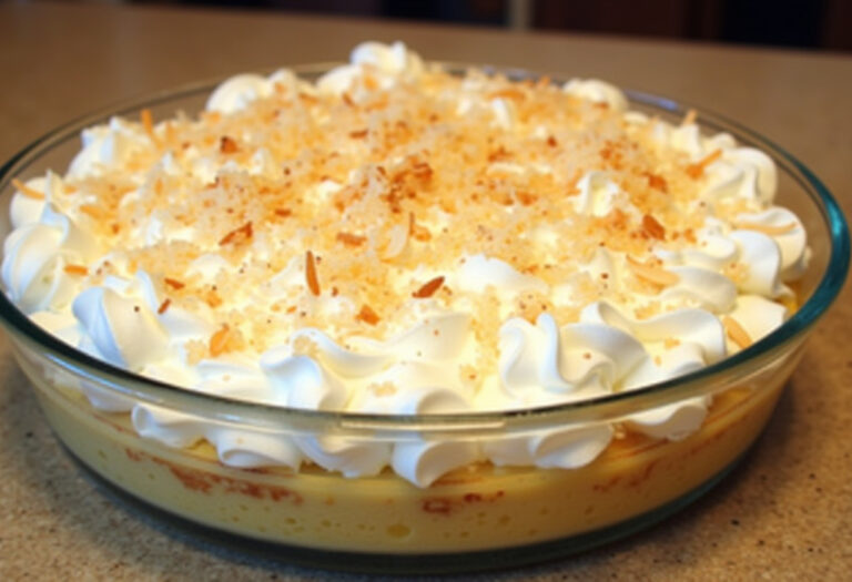 Finished Homemade Coconut Cream Pie with whipped cream and toasted coconut, perfect for dessert.