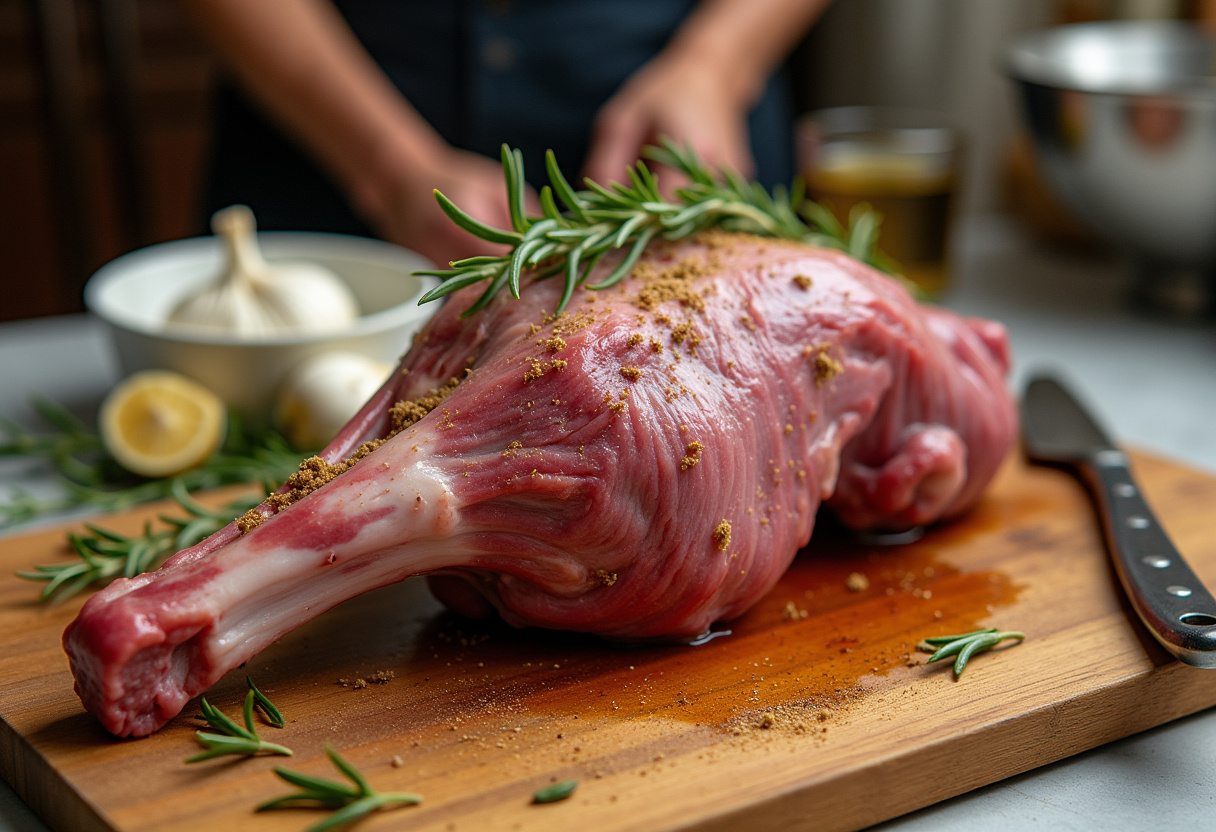 Fresh leg of lamb seasoned with rosemary and garlic for roasting.