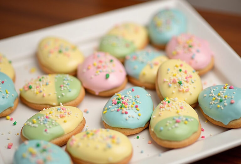 Decorated Classic Easter Egg Sugar Cookies with colorful icing and sprinkles, ready for Easter.