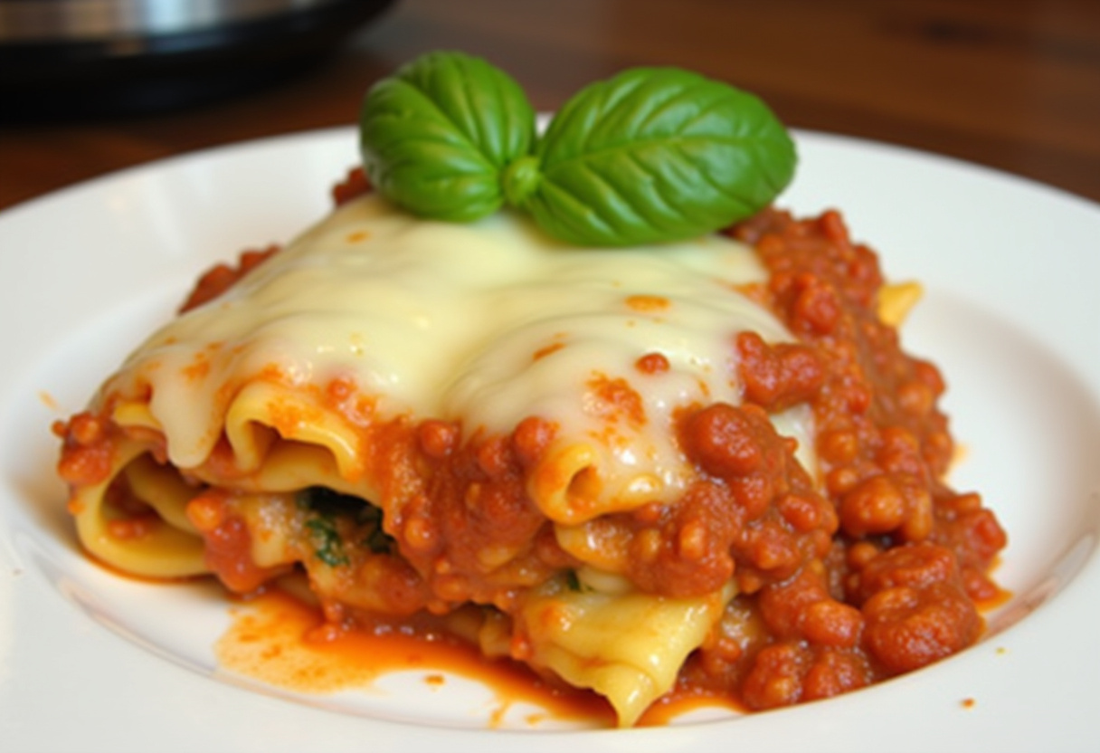 Delicious Crockpot Ravioli Lasagna served with melted cheese and fresh basil.