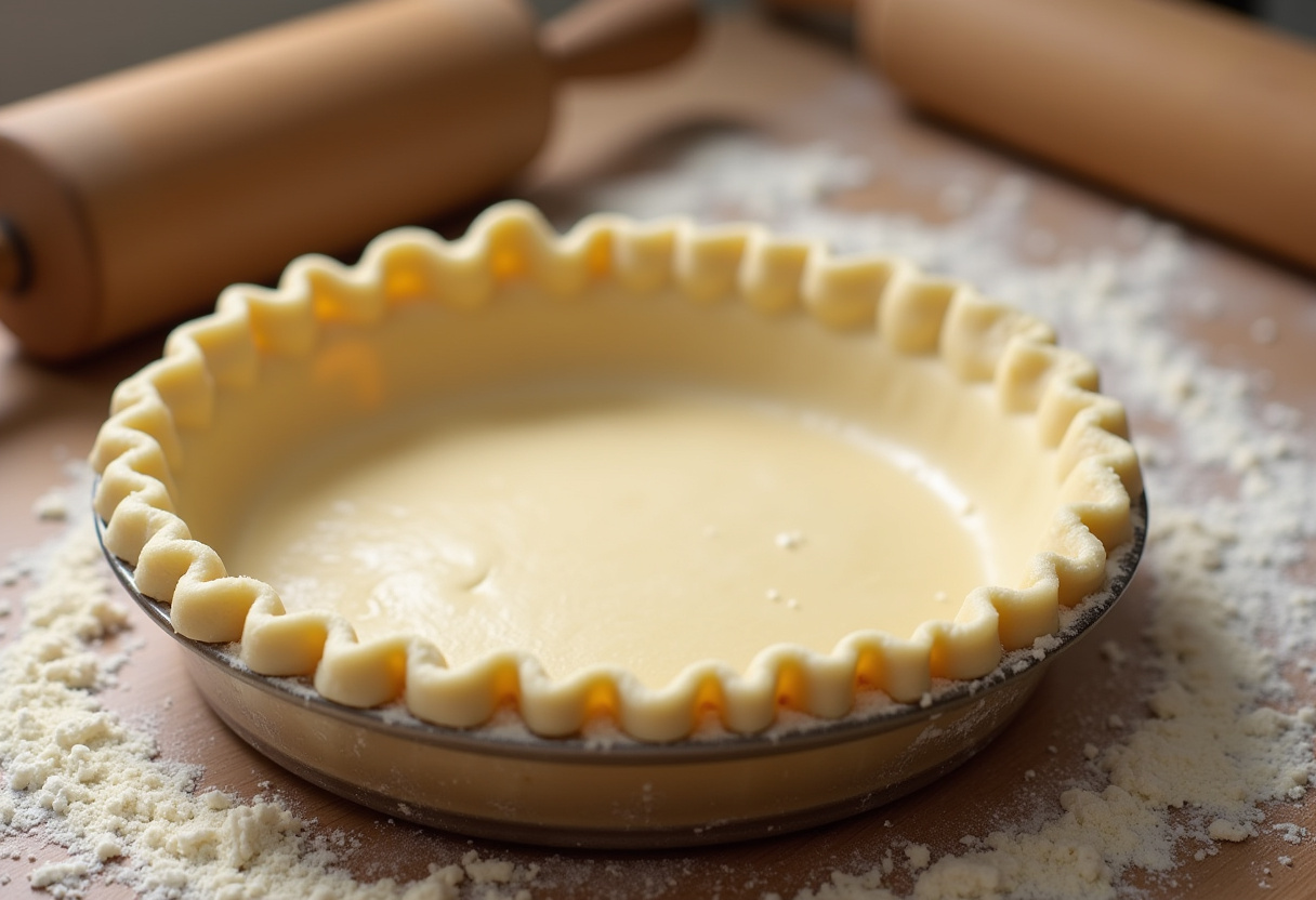 Pie crust in a dish prepared for making Delicious Coconut Cream Pie.