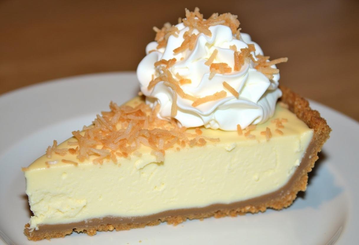 Finished Easy Coconut Cream Pie with toasted coconut and whipped cream topping.