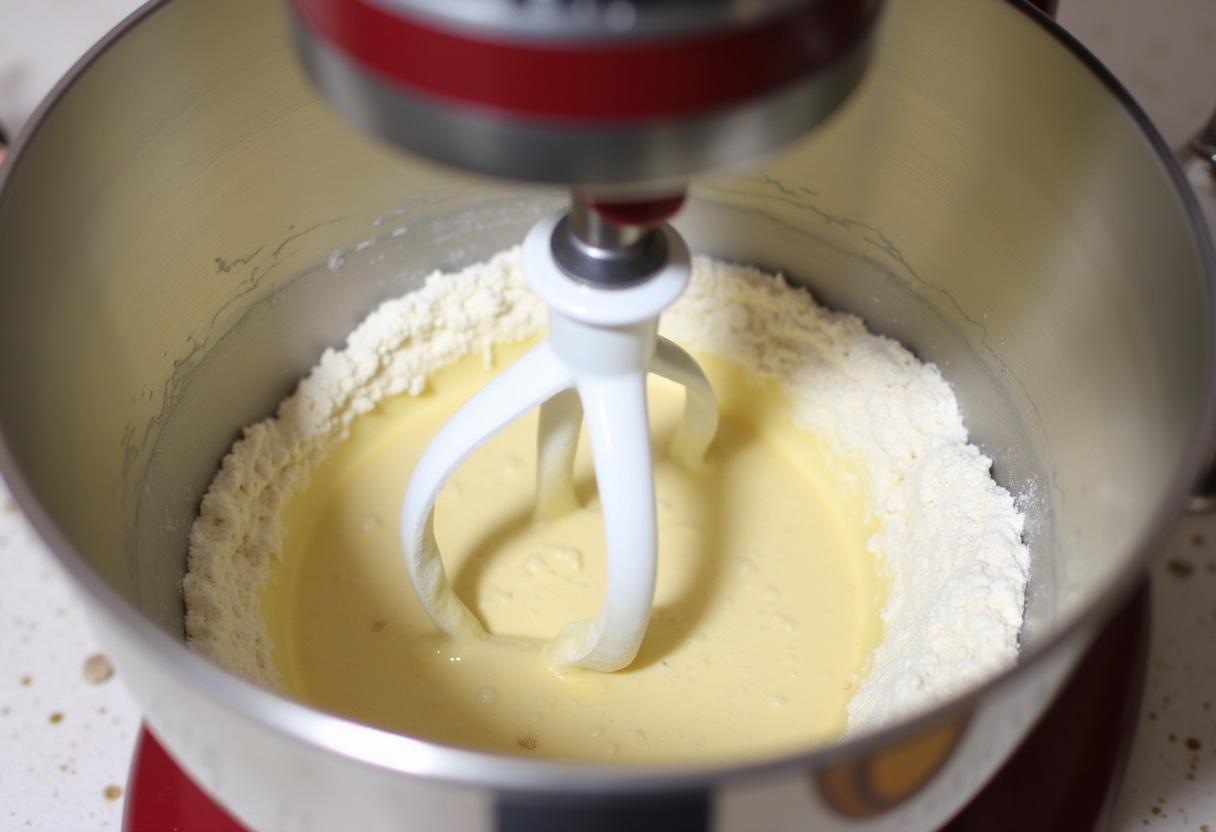 Stand mixer kneading dough for Easy Resurrection Rolls.
