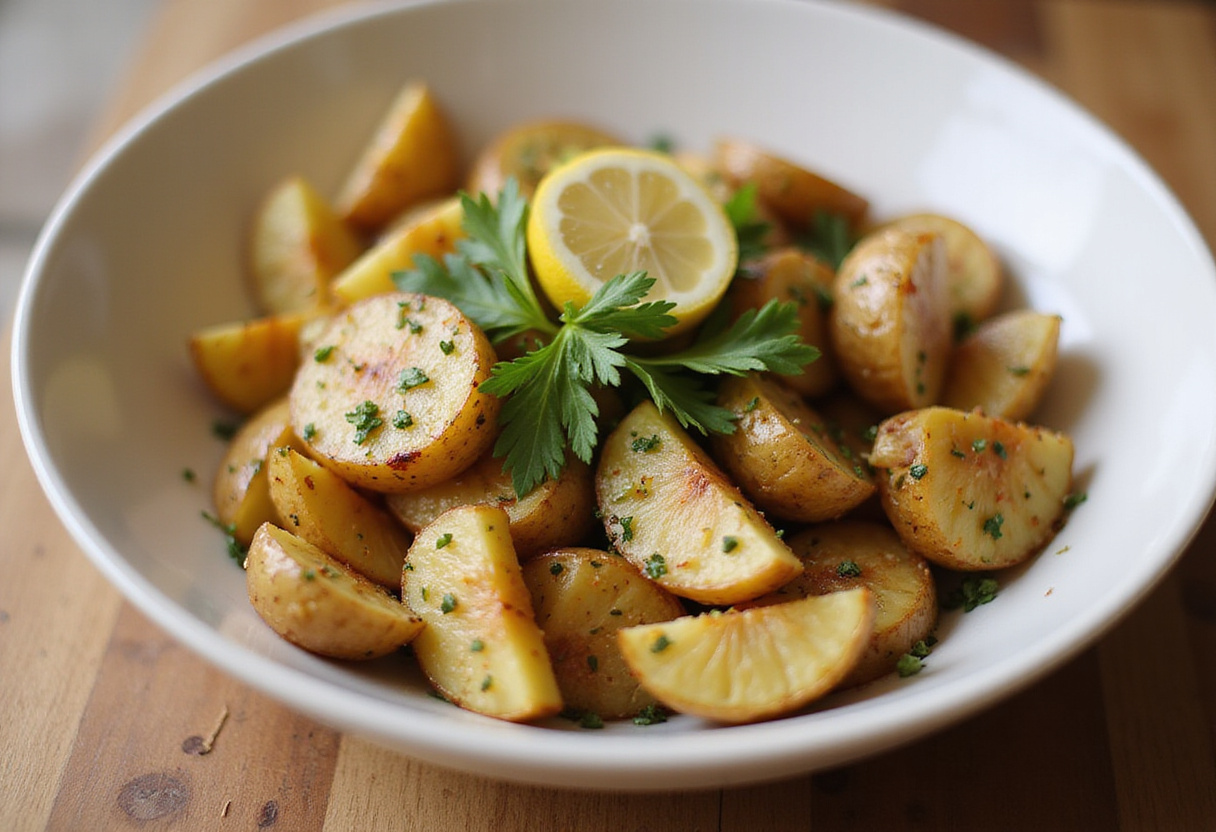 Delicious garlic roasted potatoes garnished with parsley, ideal for a cozy meal.