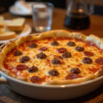 Finished Meat Lovers Pizza Casserole, cheesy and golden, ready to serve.