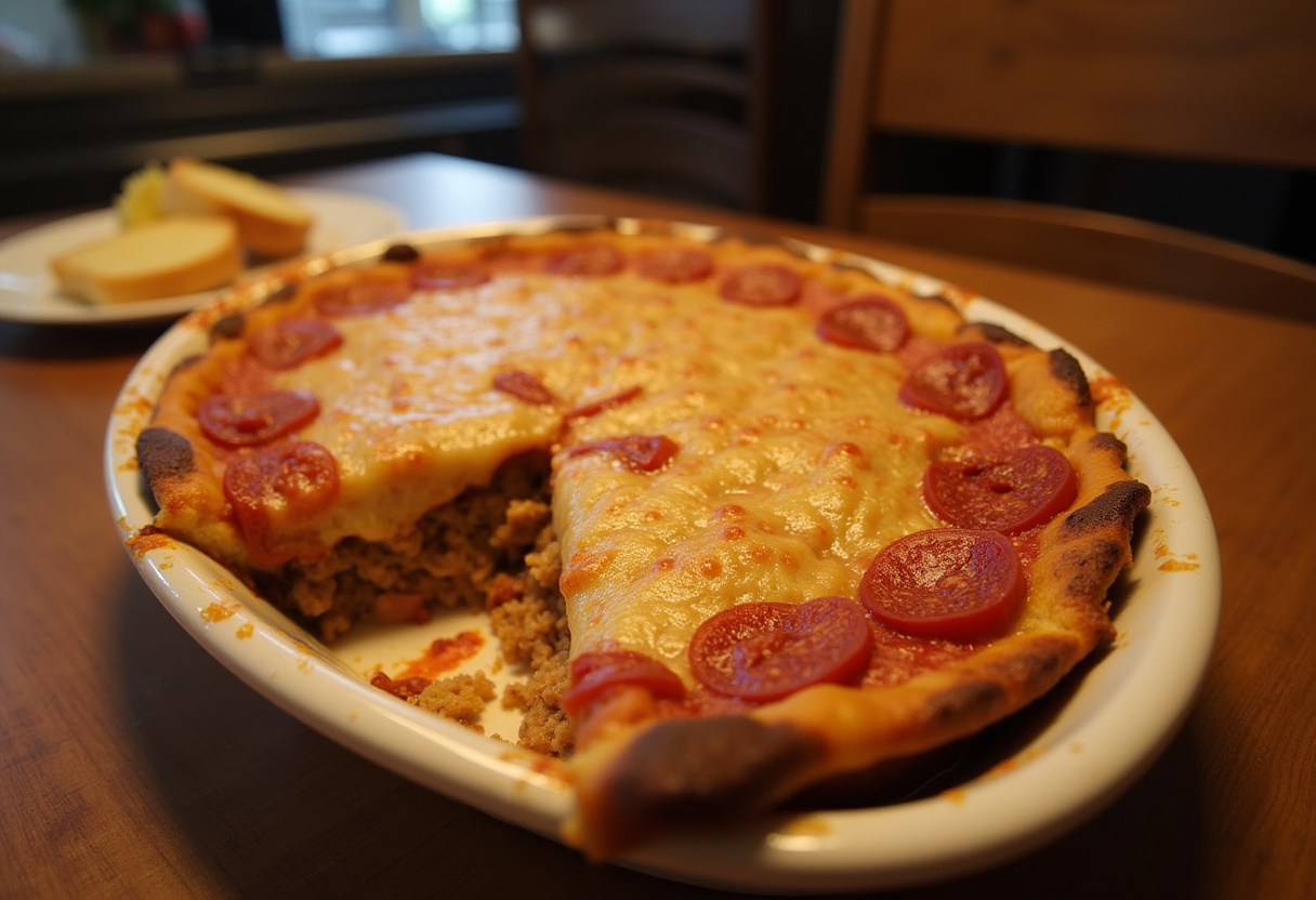 Finished Meat Lovers Pizza Casserole, cheesy and golden, ready to serve.
