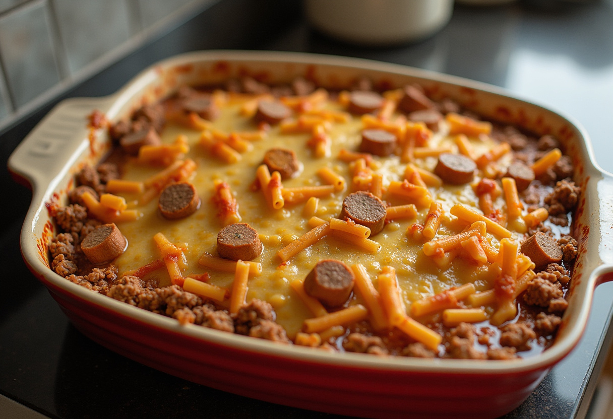Layered pasta, ground beef, and sausage in a baking dish for Meat Lovers Pizza Casserole.