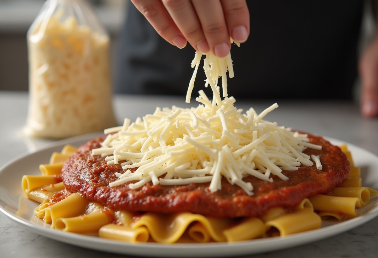 Shredded mozzarella cheese being added to Meat Lovers Pizza Casserole.