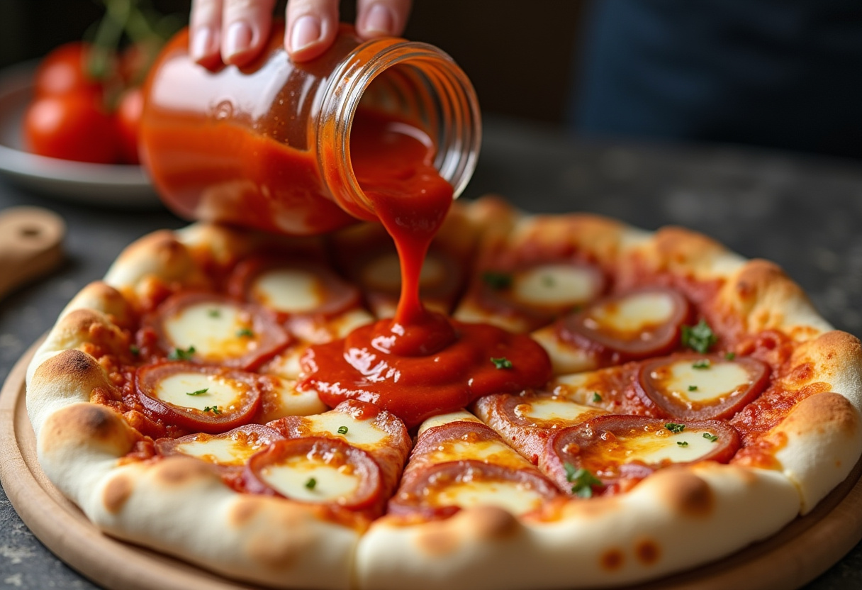 Pizza sauce being poured over Meat Lovers Pizza Casserole.