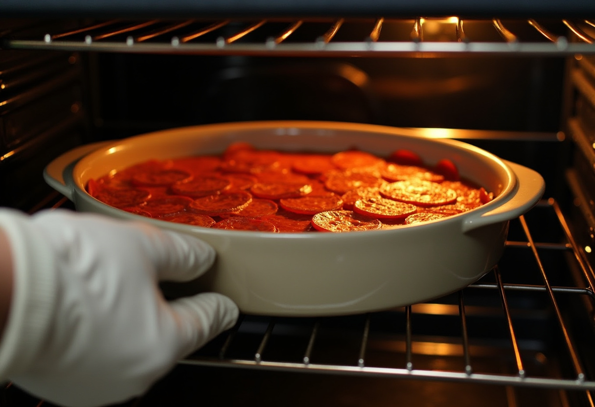 Meat Lovers Pizza Casserole with pepperoni being placed in the oven.